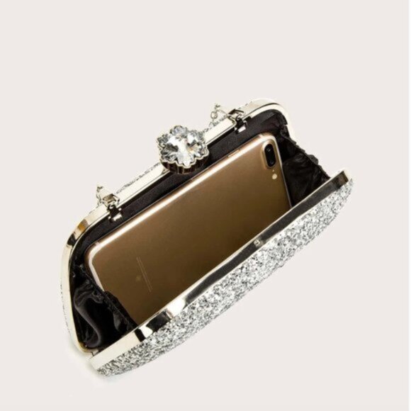 Silver Glitter Bling, Sequin, Rhinestone Evening Box Bag - Picture 3 of 8